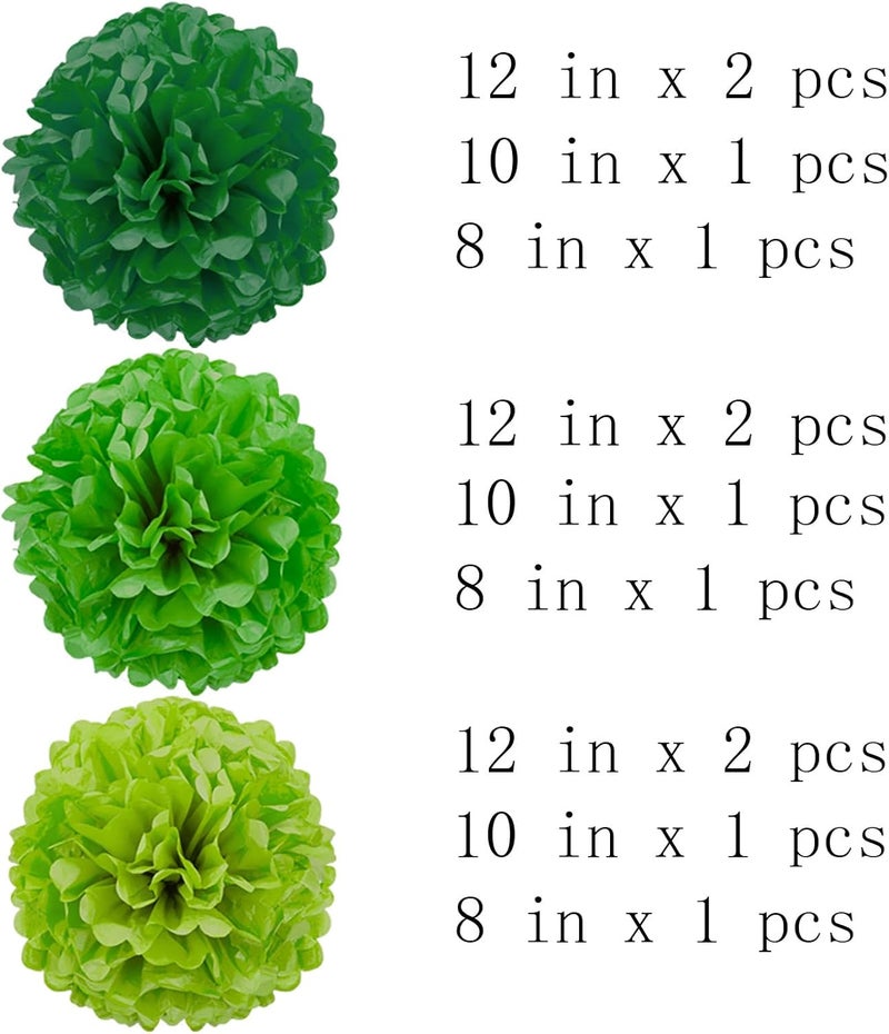 YESON Green Paper Pom Poms. Tissue Paper Flowers. Hanging Decorations. Pack of 12. For Wedding, Birthday, Party Decor. 12", "10", "8" inches - Image 2